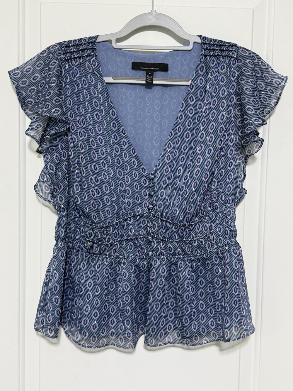 NWOT White House Black Market Blue & White Printed Flutter-Sleeve V-Neck Blouse